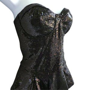 Bebe Sequin Bustier Top Black Underwire Boning Pleated Peplum Full Zip Back L